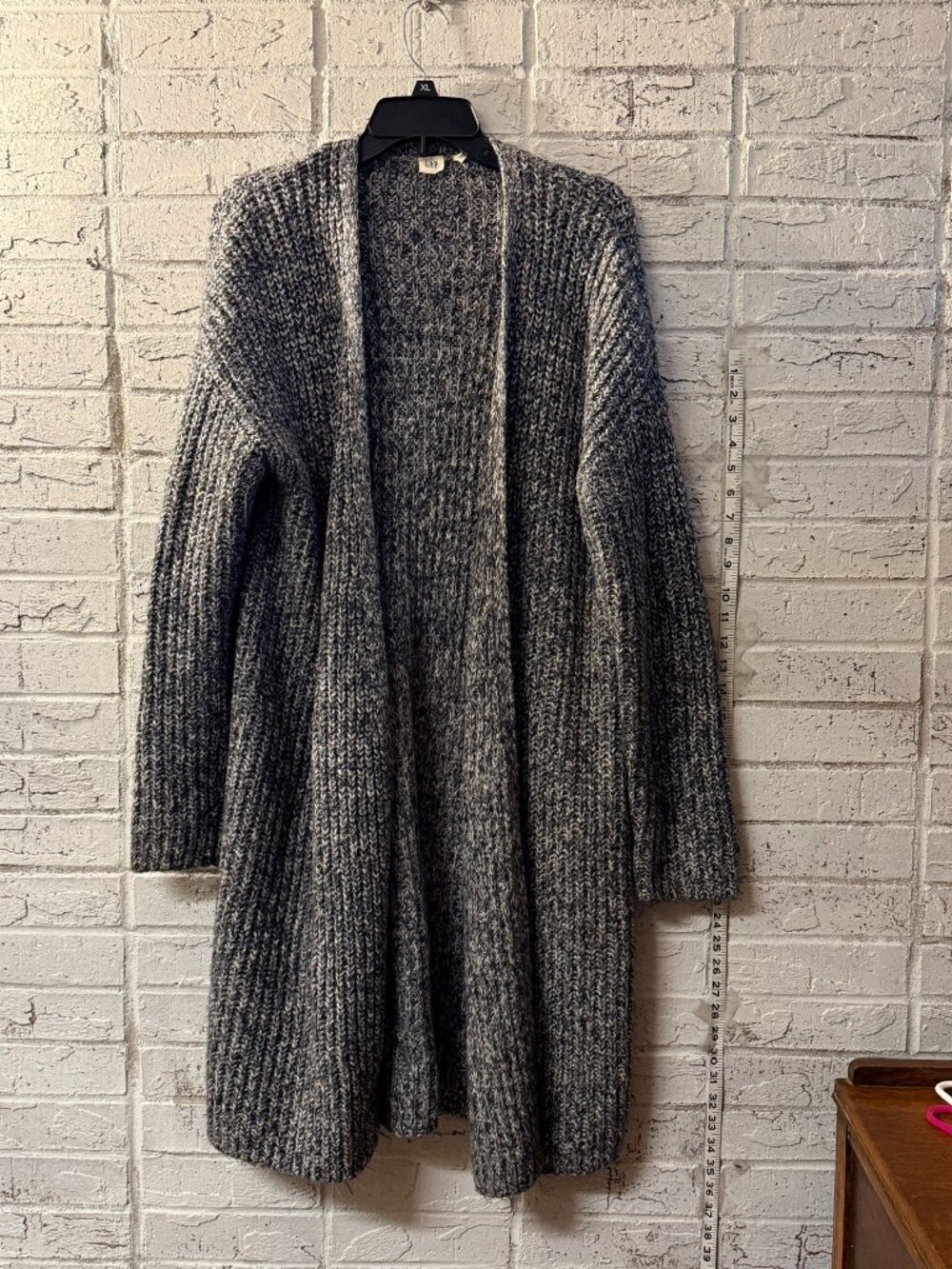 GAP Womens L Chunky Knit Long Cardigan Gray Marled Open Front Duster Sweater